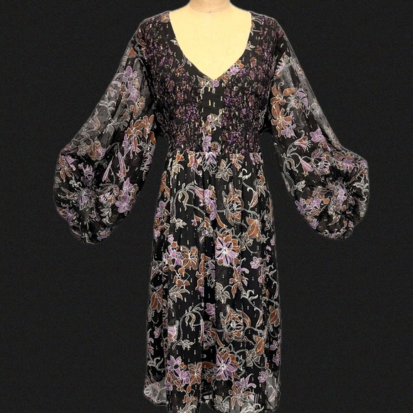 Cato sparkly‎ dark moody floral dress midi sheer puff balloon long sleeves plus - Picture 1 of 17